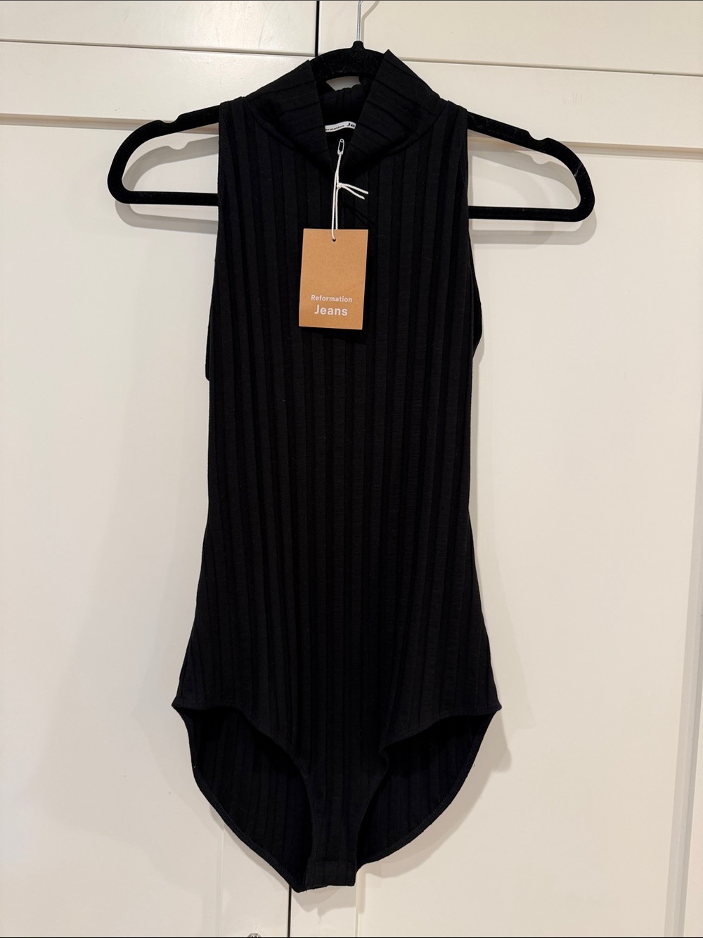 Reformation Black Ribbed Mock Neck Bodysuit